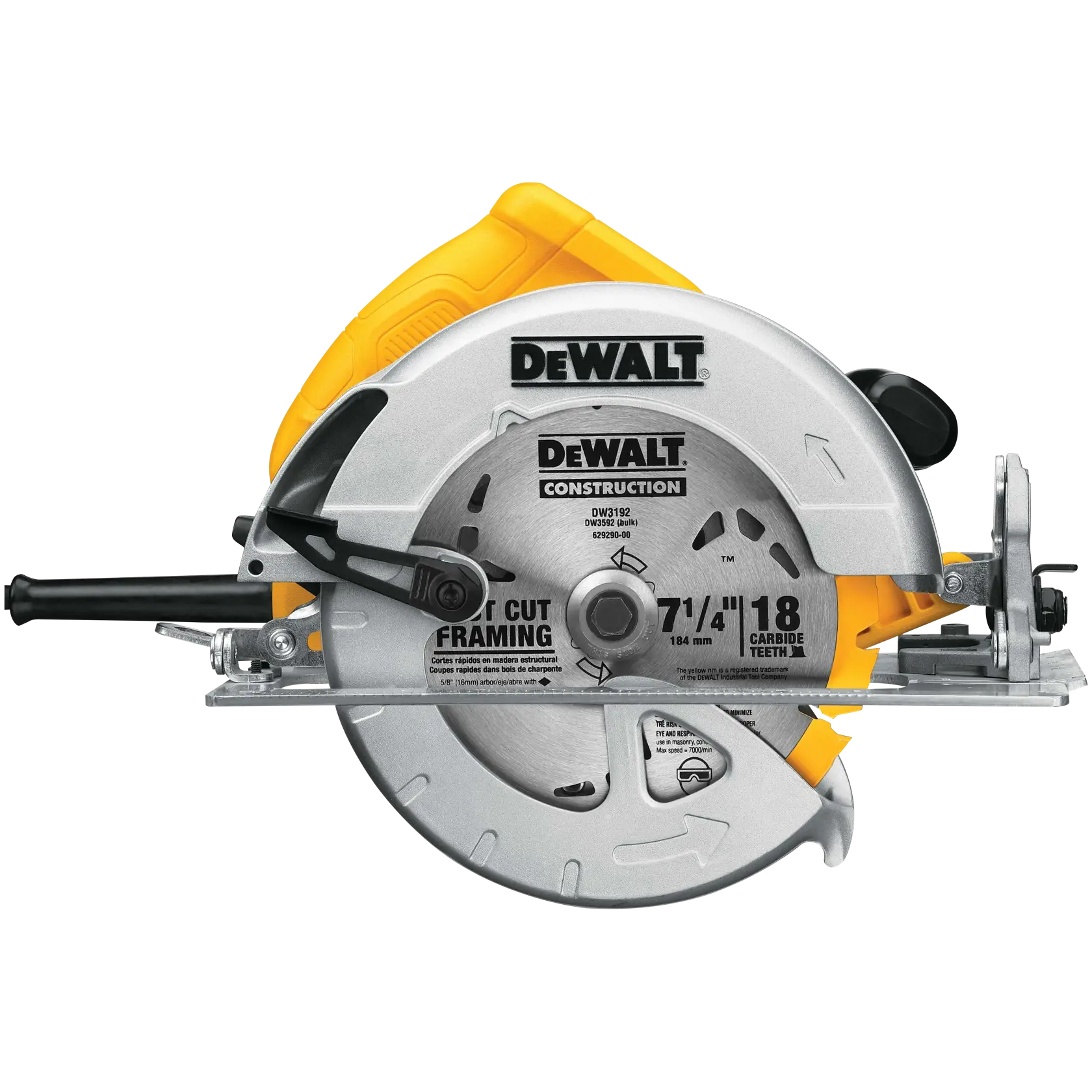 Una sierra circular DeWALT DWE575 con hoja plateada de dientes de carburo, mango amarillo y negro y detalles para trabajos de construcción.