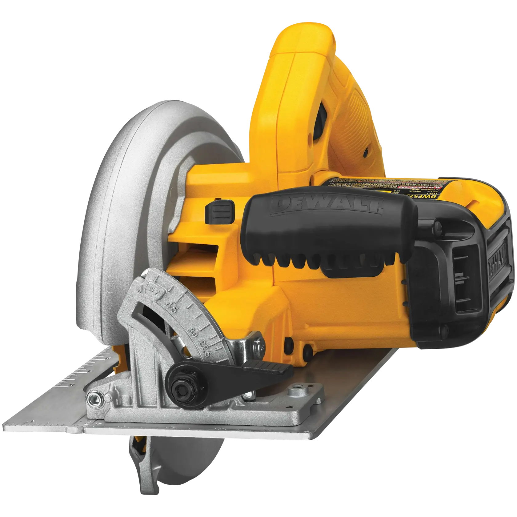 Una sierra circular DEWALT DWE575 con cuerpo amarillo y negro, equipada con protector de hoja de metal y mecanismo de ajuste, diseñada para tareas de carpintería y corte de precisión.