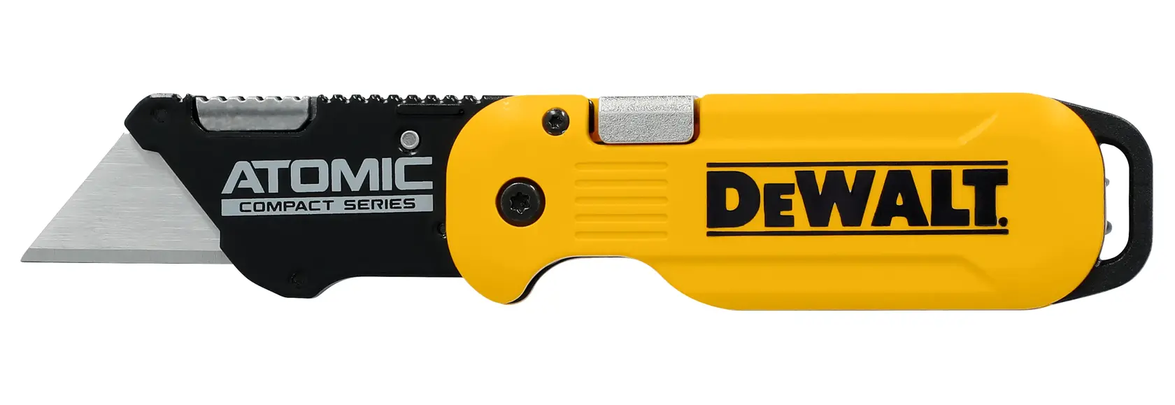 Un cúter de la serie Atomic Compact de DEWALT con mango amarillo y negro y hoja afilada reemplazable.