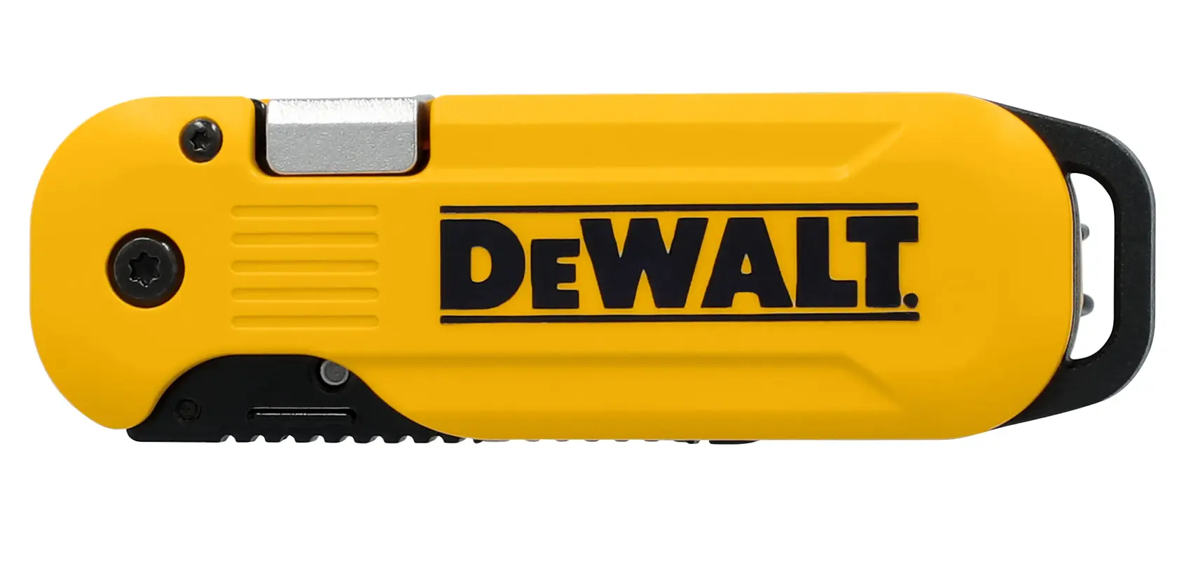 Un cuchillo utilitario plegable DEWALT de color amarillo con el logotipo negro de DEWALT impreso en el mango. El cuchillo se muestra en posición cerrada.