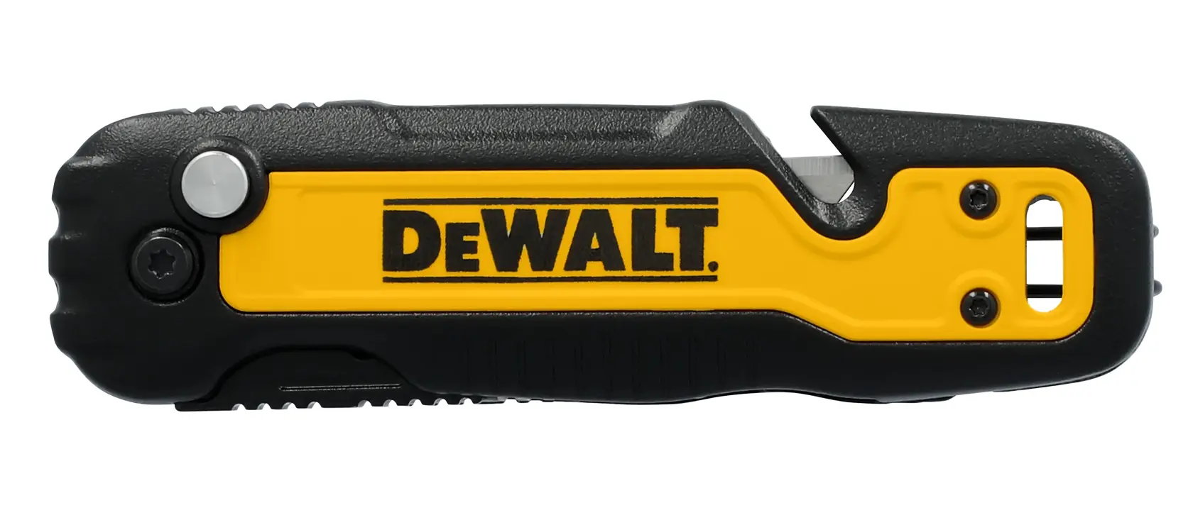 Un cuchillo plegable de utilidad DEWALT con mango negro y amarillo y hoja plateada, mostrado sobre un fondo blanco.