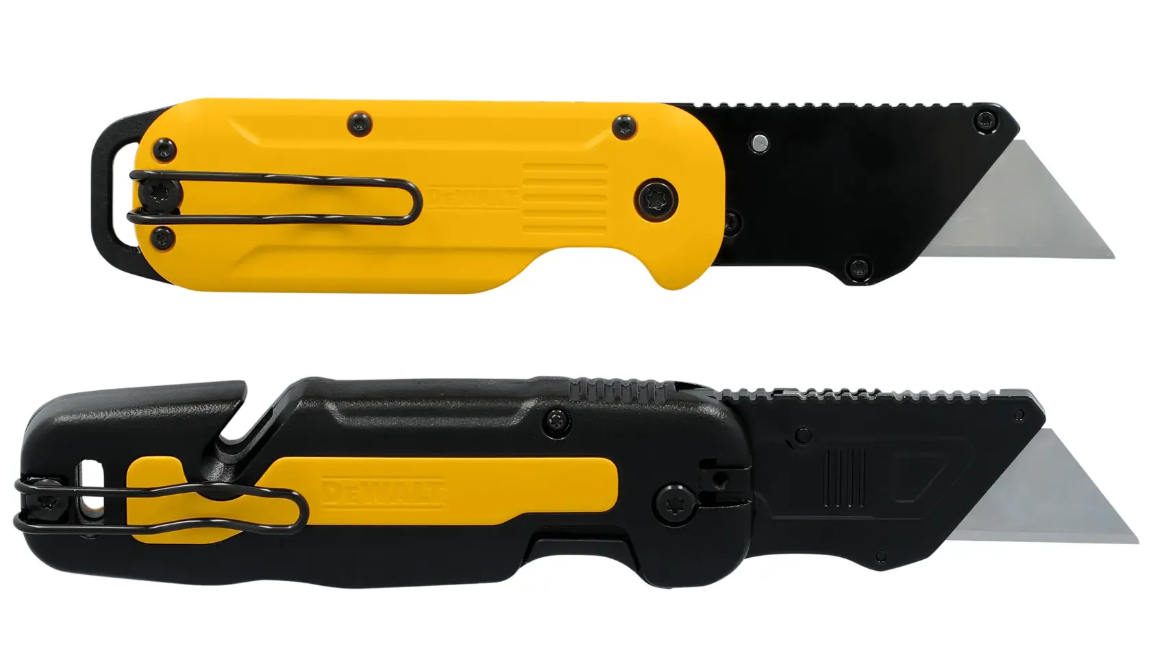 Cuchillas plegables DEWALT DWHT10992, DWHT10991, DWHT10994, DWHT10993, DWHT10995 demostradas con uso fácil a una mano.