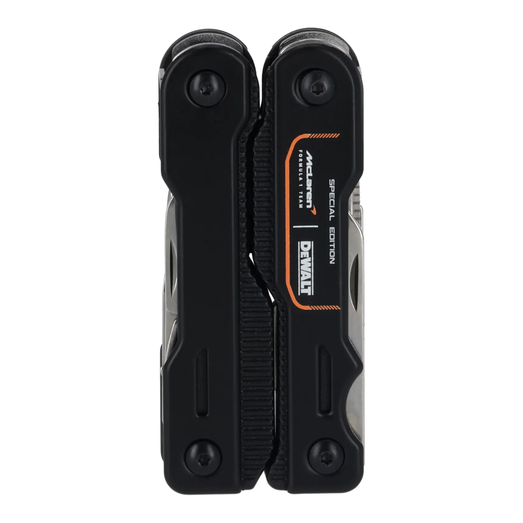 Multiherramienta DEWALT negra con alicates, cuchillo, tijeras y más herramientas. Abierta.