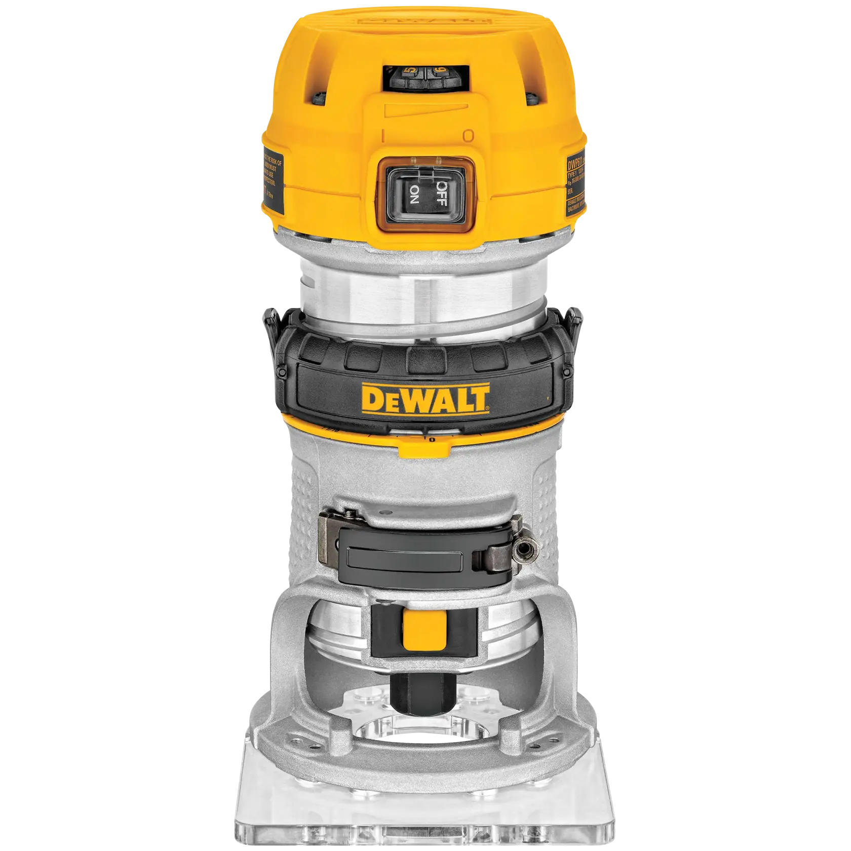 Imagen en primer plano de una fresadora manual DEWALT, con cuerpo amarillo y plateado, base transparente y un interruptor de encendido/apagado visible.