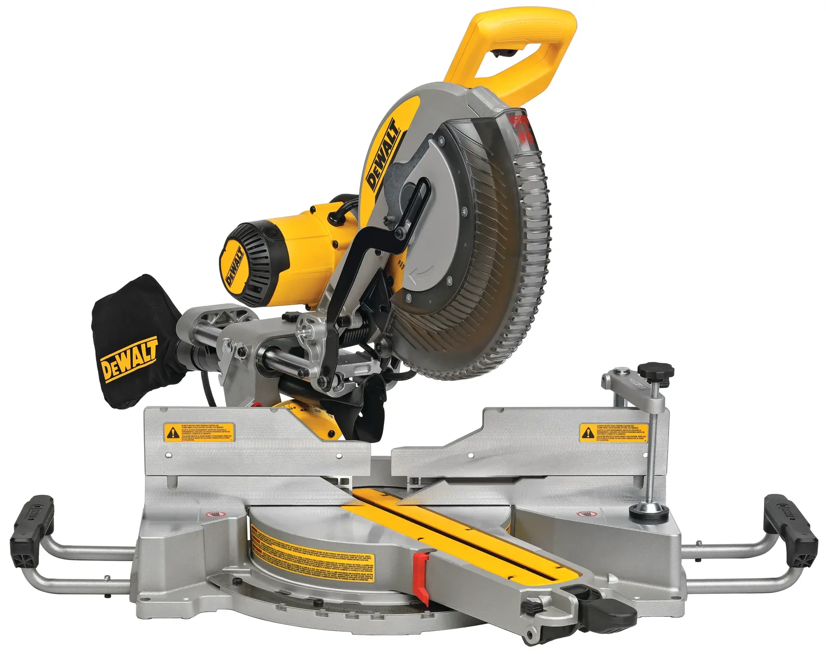 Sierra de inglete DEWALT para fotografía, SKUs DWS780 y DWS780KIT, con mango amarillo y protector.