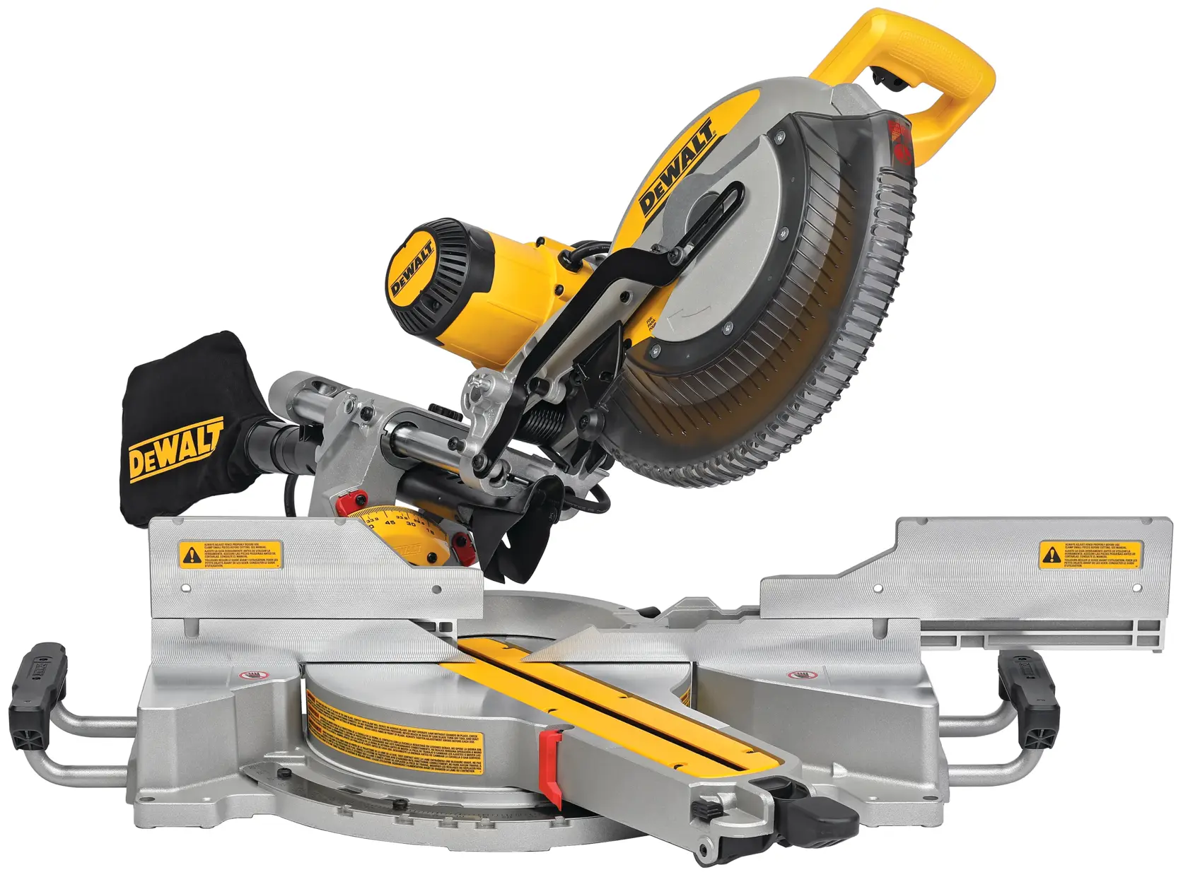 Una sierra de inglete compuesta deslizante DEWALT DWS780 con diseño amarillo y negro, que incluye una bolsa de recolección de polvo y una gran hoja circular montada sobre una base metálica.