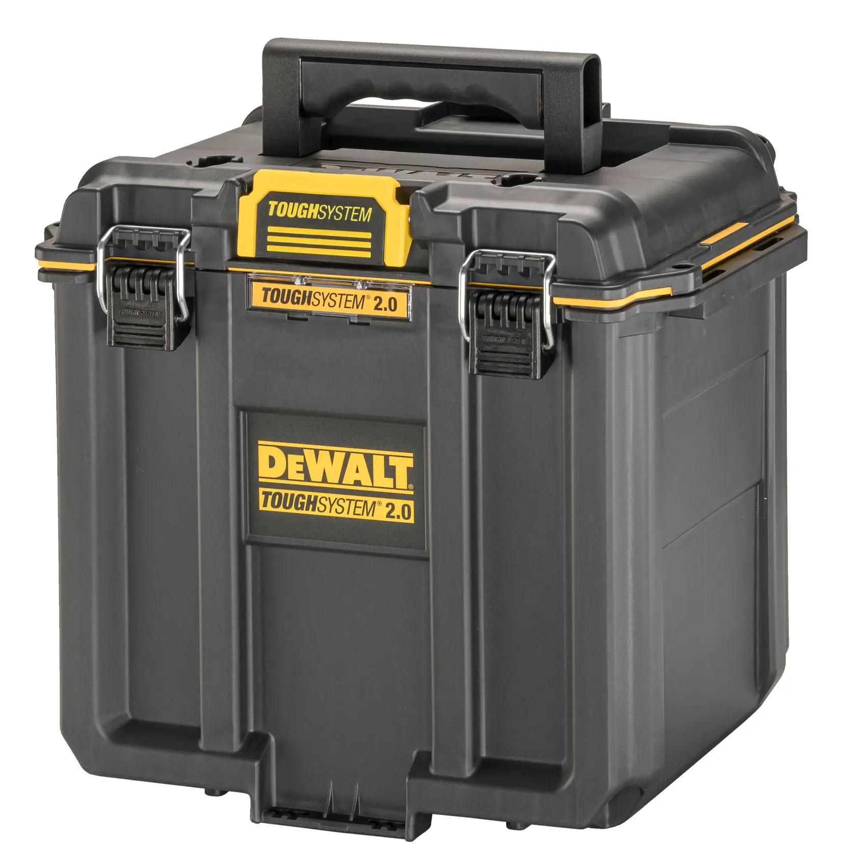 Una caja portaherramientas DEWALT ToughSystem 2.0, negra con detalles amarillos, con cierres metálicos resistentes y una asa de plástico en la parte superior.