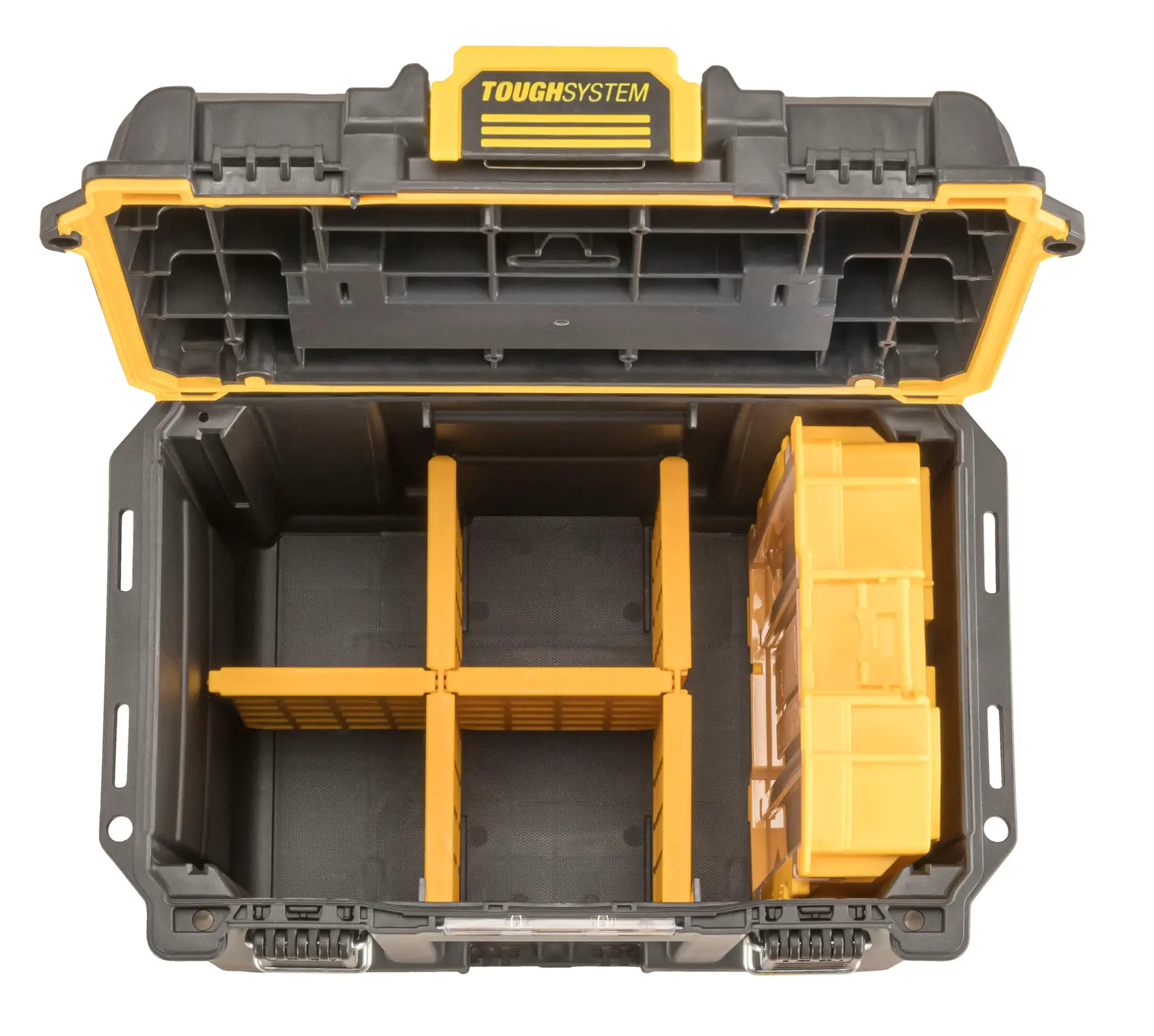 Caja de almacenamiento DEWALT ToughSystem abierta con divisores y compartimentos amarillos, mostrando secciones organizadas para herramientas y accesorios.