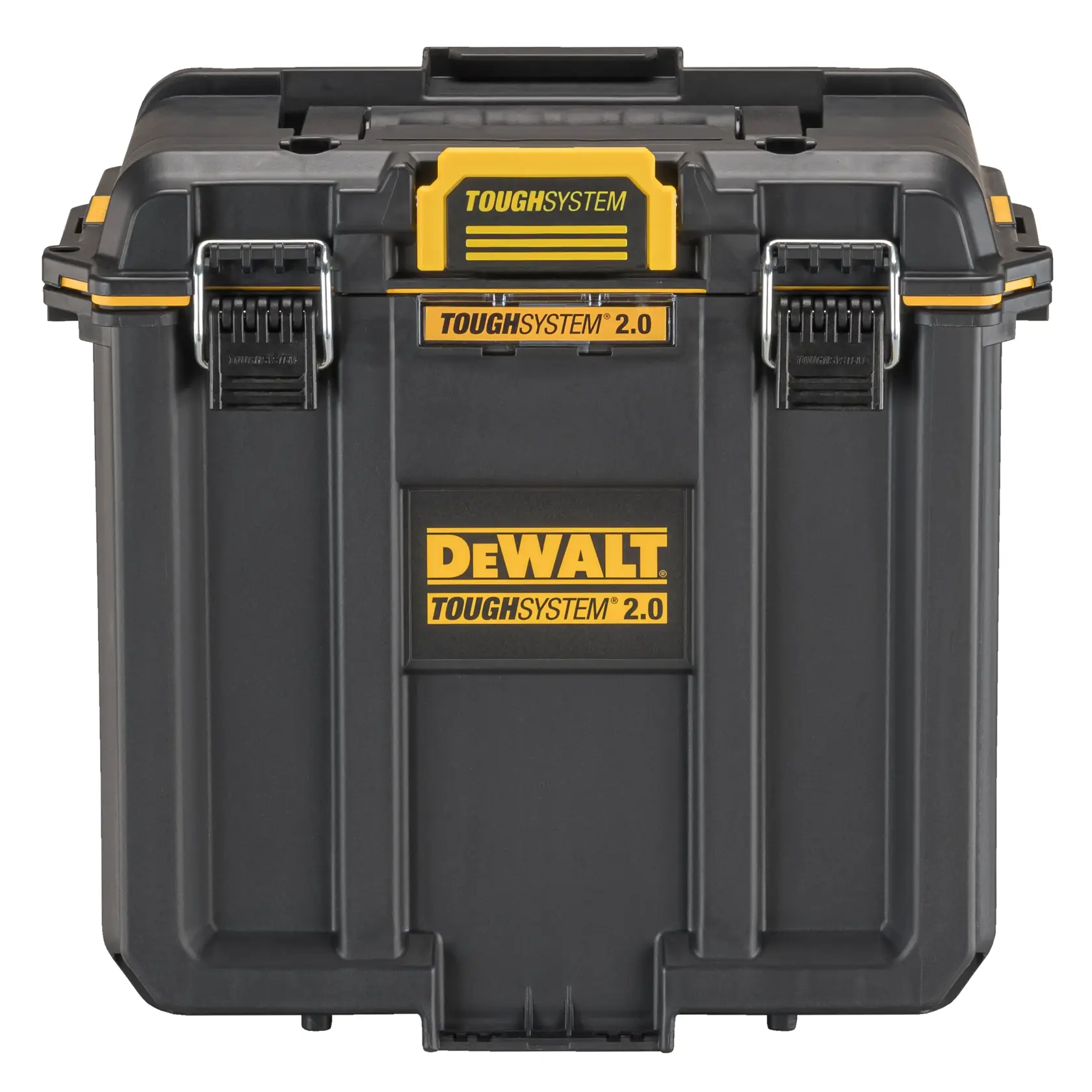 Vista frontal de una caja negra para almacenamiento de herramientas DEWALT ToughSystem 2.0, con marca amarilla y cierres metálicos resistentes.