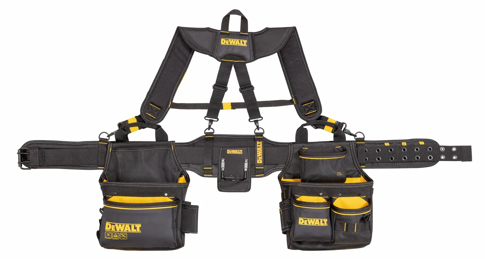 Un cinturón de herramientas y arnés DEWALT negro y amarillo con múltiples bolsillos y compartimentos para organizar herramientas, diseñado para mayor comodidad y uso intensivo.
