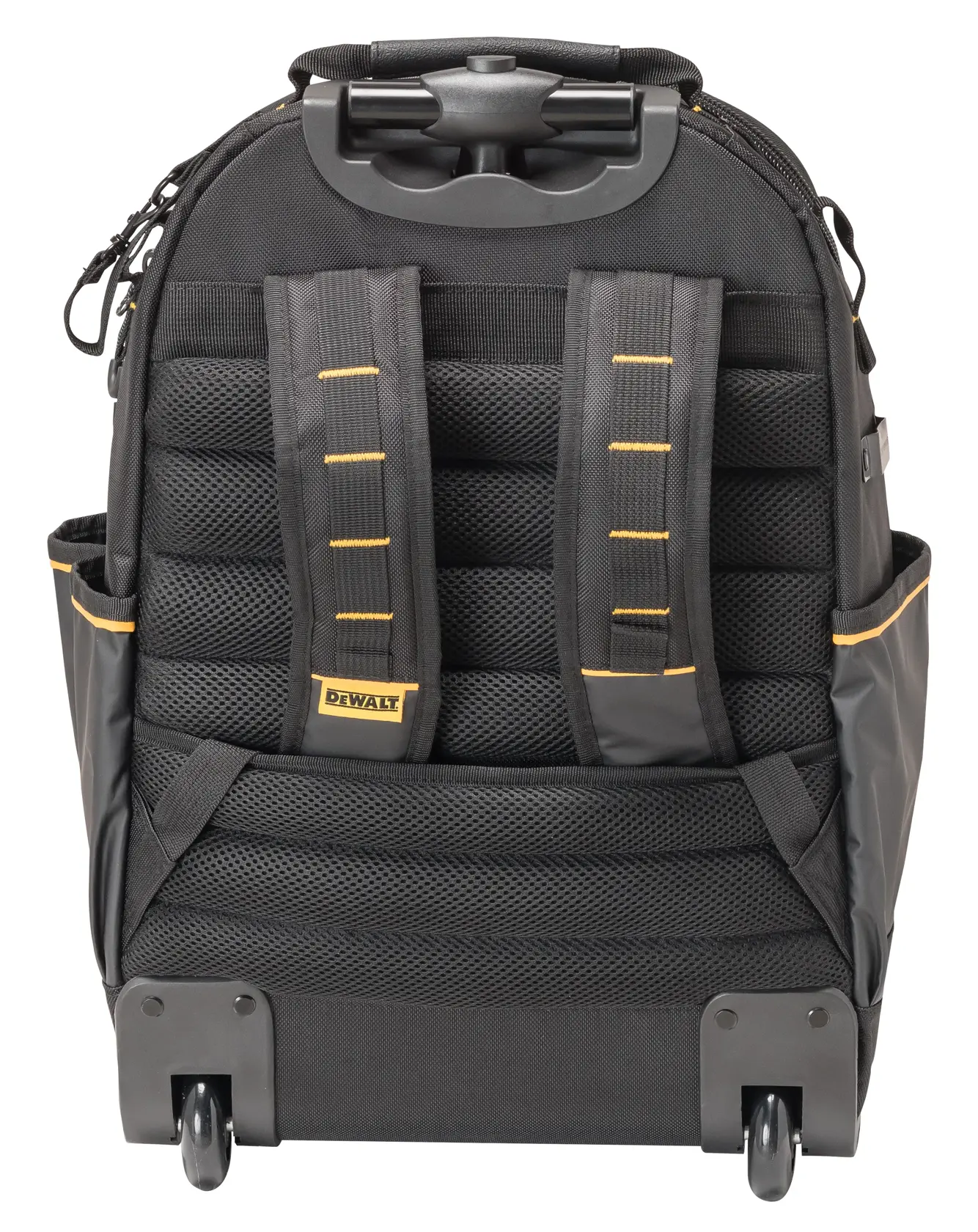 Una mochila negra DEWALT con ruedas, correas acolchadas, panel trasero de malla, bolsillos laterales y ruedas resistentes para fácil transporte.